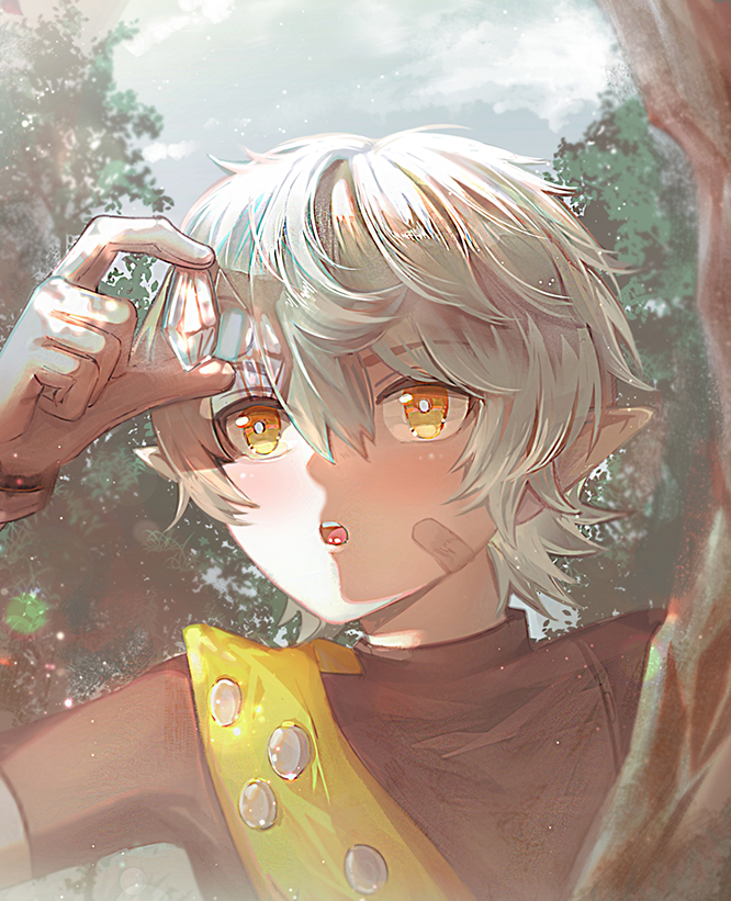 1boy, arknights, awestruck, bandaid, bandaid_on_face, bishounen, black_shirt, boy_scout, chestnut_(arknights), chestnut_(elite_ii)_(arknights), commentary_request, dark-skinned_male, dark_skin, gem, gloves, grey_hair, male_focus, orange_eyes, outdoors, pointy_ears, scout_movement, shengyue, shirt, short_hair, solo, tree, upper_body, white_gloves