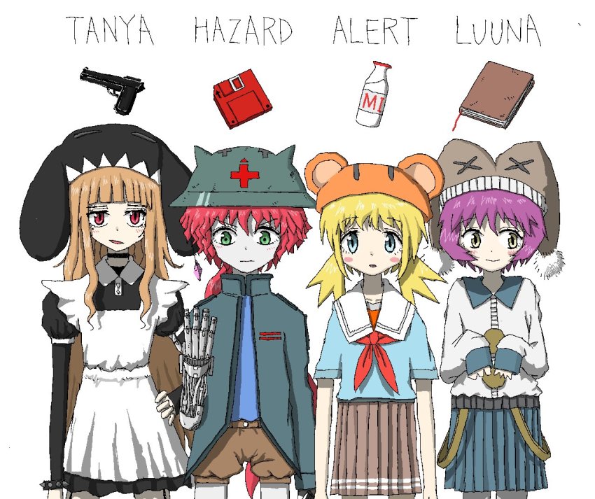 4girls, aiu404l, alert_(aiu404l), blonde_hair, cowboy_shot, hazard_(aiu404l), looking_at_viewer, luuna_(aiu404l), mechanical_arms, multiple_girls, original, sailor_collar, tagme, tanya_(aiu404l)