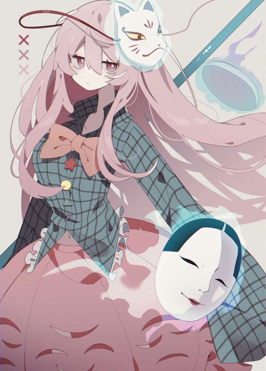 1girl, bow, bowtie, closed_mouth, expressionless, fox_on_head, grey_background, half-closed_eyes