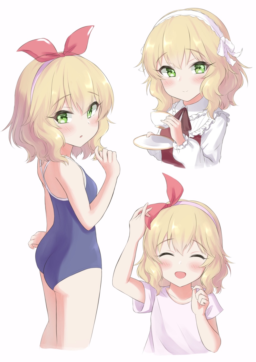 1girl, absurdres, arm_up, ass, blonde_hair, blue_one-piece_swimsuit, blush, bow