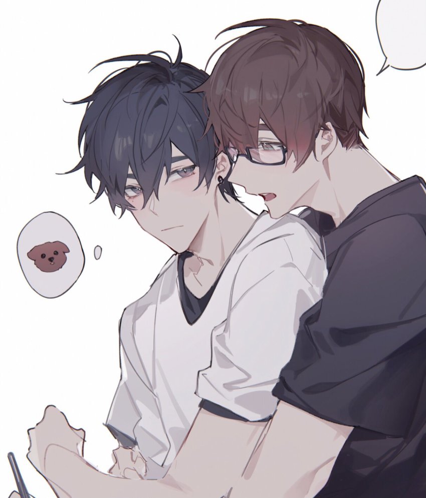 2boys, black-framed_eyewear, black_hair, black_shirt, blank_speech_bubble, brown_eyes, brown_hair, buried_stars