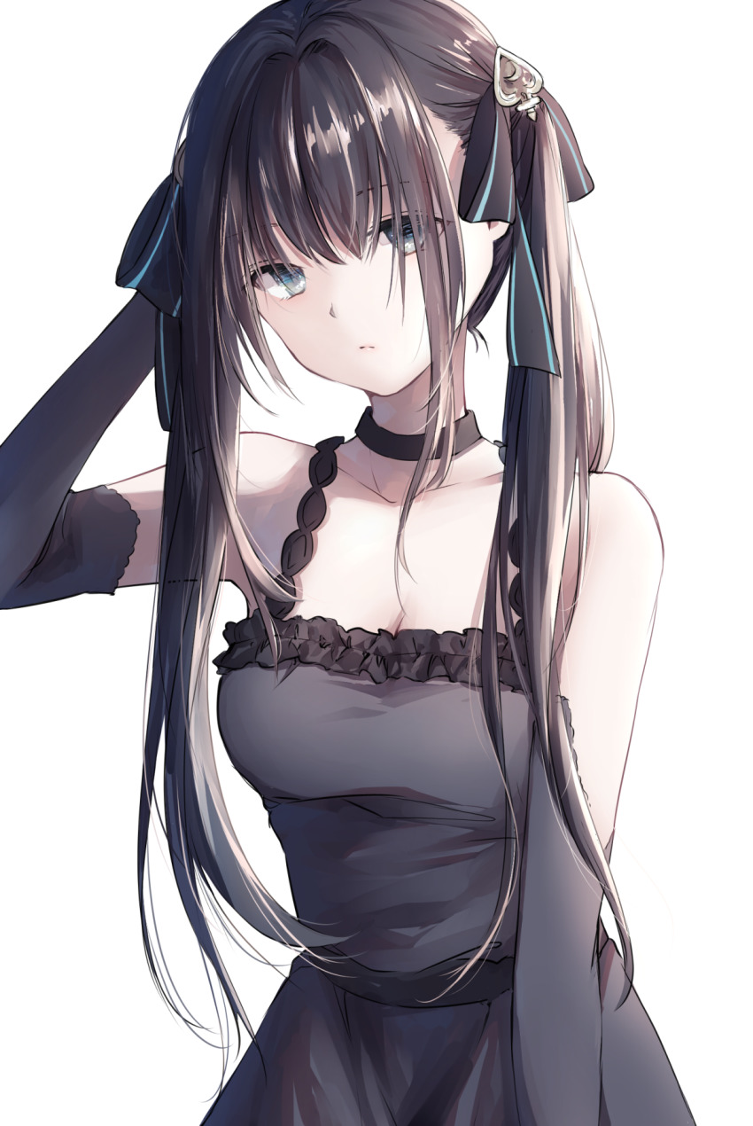 1girl, arcaea, bare_shoulders, black_bow, black_choker, bow, breasts, brown_hair, choker, cleavage, closed_mouth, collarbone, dress, elbow_gloves, gloves, grey_dress, grey_eyes, grey_gloves, hair_between_eyes, hair_bow, hand_in_own_hair, highres, long_hair, medium_breasts, simple_background, sleeveless, sleeveless_dress, solo, standing, tairitsu_(arcaea), tairitsu_(summer)_(arcaea), twintails, very_long_hair, white_background, yukkering_(yukke)