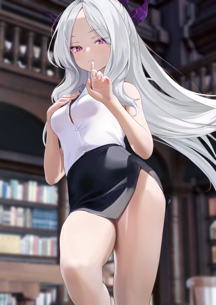 1girl, bare_legs, bare_shoulders, black_skirt, blue_archive, breasts, commentary, frown