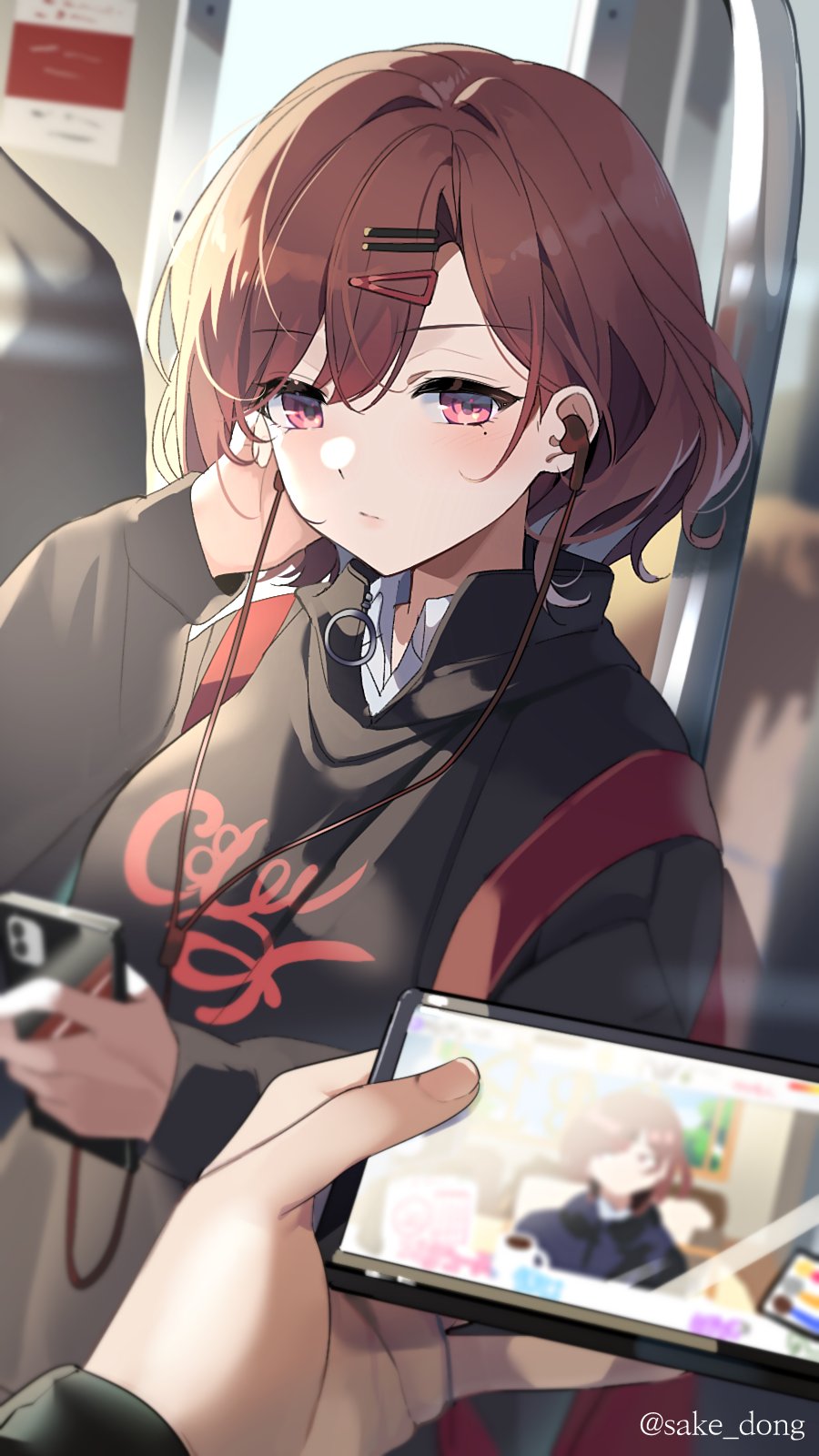adjusting_earphones, backpack, bag, blush, breasts, brown_hair, cellphone, closed_mouth