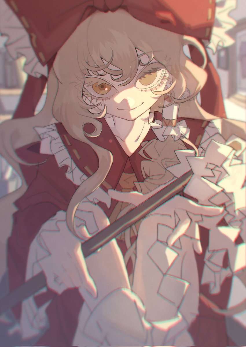 1girl, ascot, bobby_socks, bow, collar, commentary, cosplay, detached_sleeves, frilled_bow, frilled_collar, frills, gohei, hair_between_eyes, hair_bow, hair_tubes, hakurei_reimu, hakurei_reimu_(cosplay), highres, holding, holding_gohei, kirisame_marisa, knees_up, kyoku_hakaimado, long_sleeves, looking_at_viewer, mismatched_pupils, red_bow, red_vest, ribbon, ribbon_trim, sitting, skirt, skirt_set, smile, socks, solo, touhou, vest, white_socks, yellow_ascot, yellow_eyes, yellow_ribbon