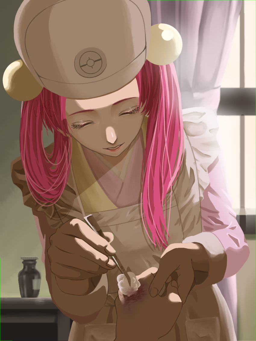 1girl, 1other, apron, bad_id, bad_pixiv_id, blood, blurry, closed_eyes