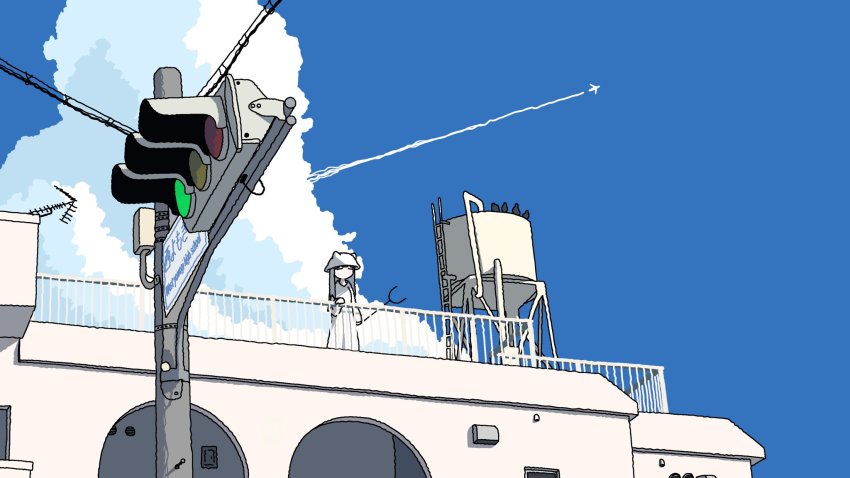 1girl, aerial, aircraft, airplane, bird, building, cloud, coat