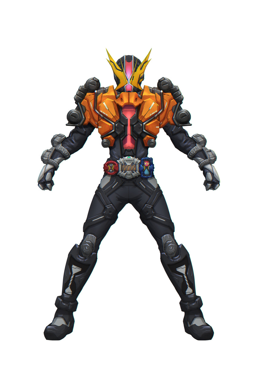 1boy, absurdres, armor, black_bodysuit, black_boots, black_gloves, bodysuit, boots, flying, geiz_revive, geiz_revive_goretsu, gloves, highres, holding, holding_weapon, horns, hourglass, kamen_rider, kamen_rider_geiz, kamen_rider_zi-o_(series), knee_up, male_focus, official_alternate_costume, orange_armor, revive_ridewatch, tokusatsu, wang_peihao, weapon, yellow_eyes, yellow_horns