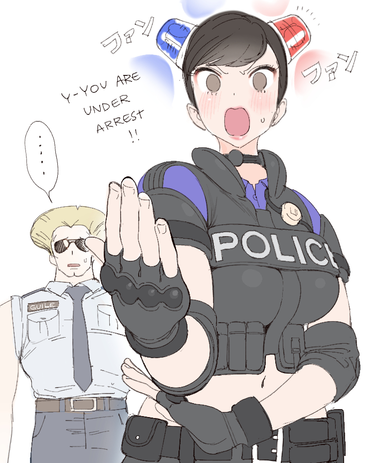 1boy, 1girl, capcom, chun-li, collared_shirt, conto, english_text, fingernails, gloves, guile, hair_ornament, navel, necktie, police, police_uniform, policewoman, shirt, short_hair, sleeves_rolled_up, speech_bubble, street_fighter, strobe_lights