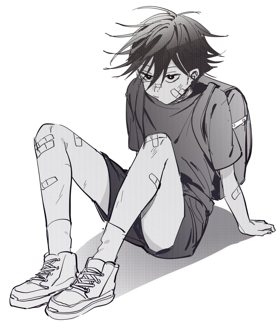 1boy, aged_down, backpack, bag, bandaid, bandaid_on_arm, bandaid_on_face, bandaid_on_knee