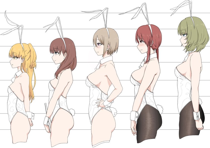 5girls, animal_ears, ascot, black_legwear, breasts, cropped_legs, detached_collar, ebifryman