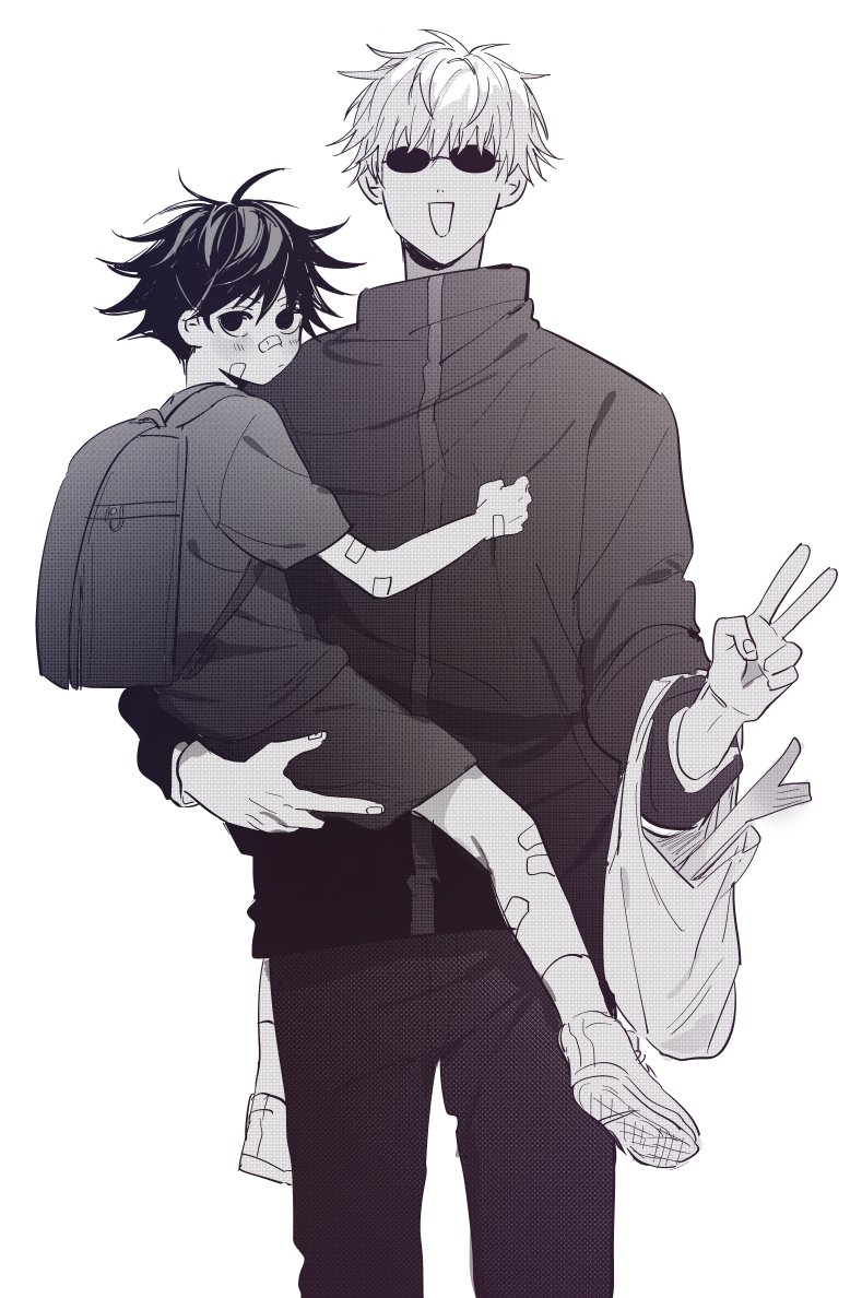 2boys, aged_down, backpack, bag, bandaid, bandaid_on_arm, bandaid_on_face, bandaid_on_knee