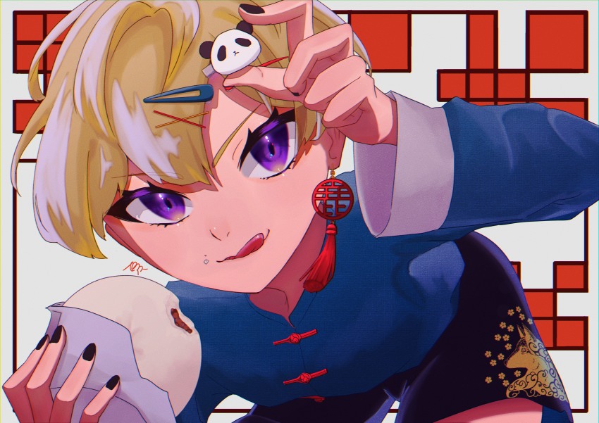 1girl, absurdres, androgynous, blonde_hair, blue_eyes, chinese_clothes, crumbs, earrings, eating, food, food_on_face, hair_ornament, highres, jewelry, long_sleeves, natsunotori, panda, panda_hair_ornament, shishigome_oto, short_hair, shorts, solo, tokyo_7th_sisters, tongue, tongue_out, traditional_clothes