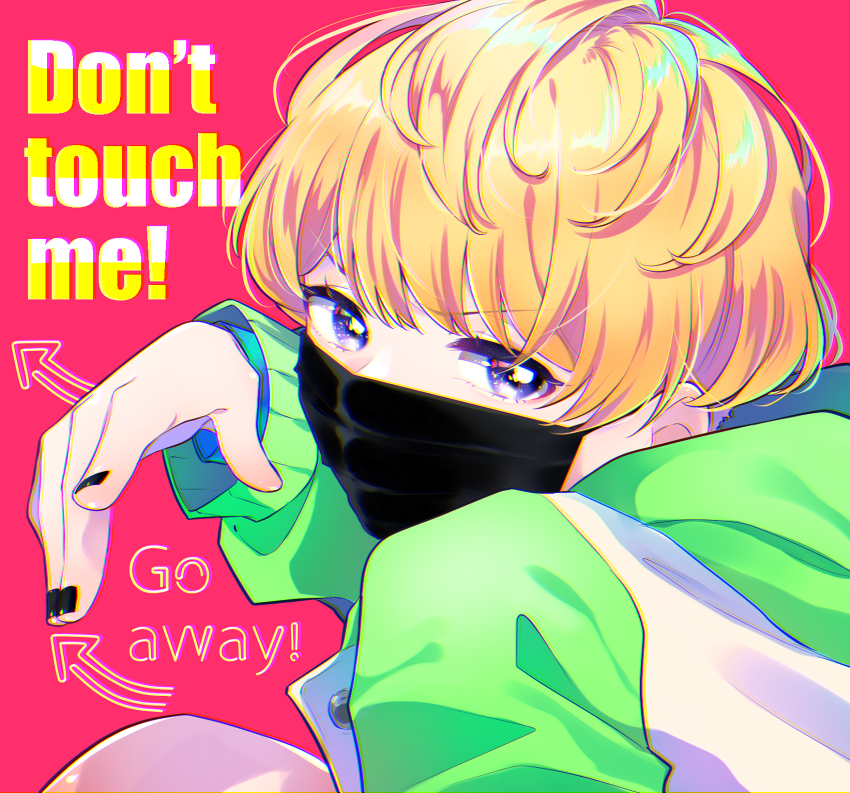1girl, androgynous, black_nails, blonde_hair, blue_eyes, english_text, green_hoodie, hood, hood_down, hoodie, jamu, long_sleeves, looking_at_viewer, mask, mouth_mask, nail_polish, pink_background, shishigome_oto, short_hair, solo, tokyo_7th_sisters