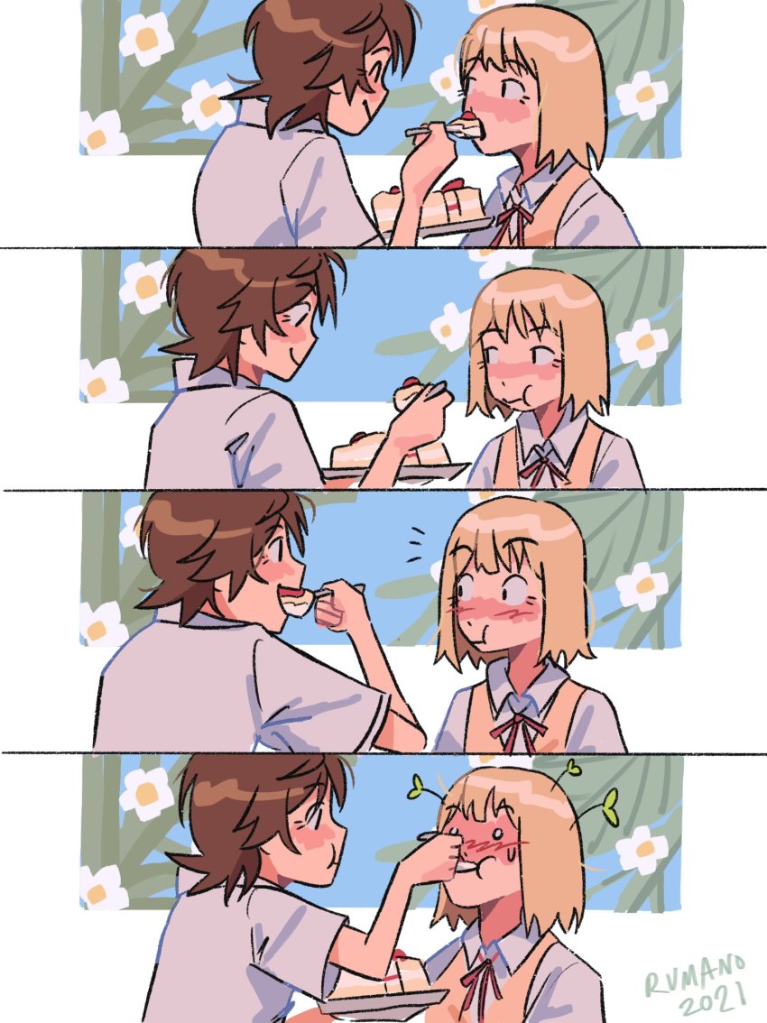 2girls, 4koma, asagao_to_kase-san, cake, comic, english_text, feeding, food