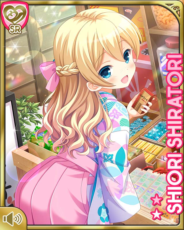 1girl, aqua_eyes, blonde_hair, bow, card_(medium), character_name, day, girlfriend_(kari)