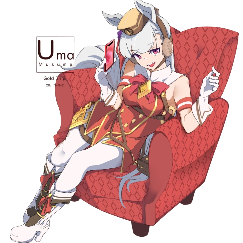 1girl, armband, armchair, boots, bow, bowtie, breasts, buttons