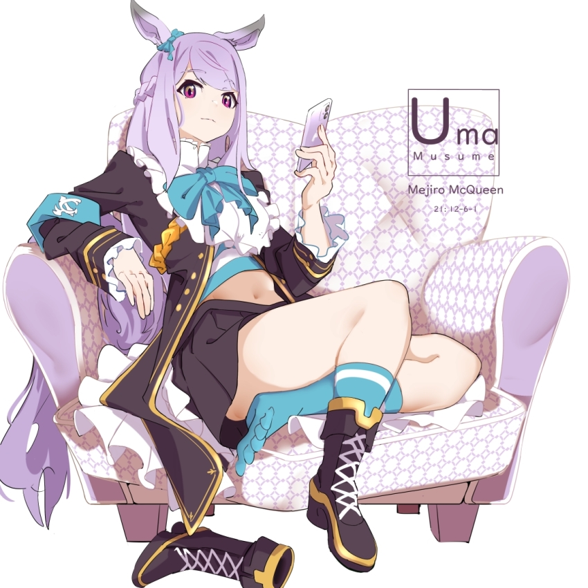 1girl, animal_ears, armband, armchair, black_boots, black_coat, black_skirt, boots