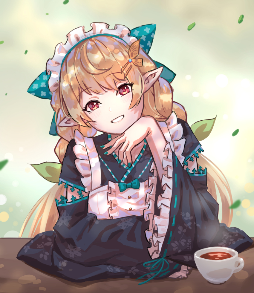 1girl, apron, blush, bow, braid, butterfly_hair_ornament, commentary, cup