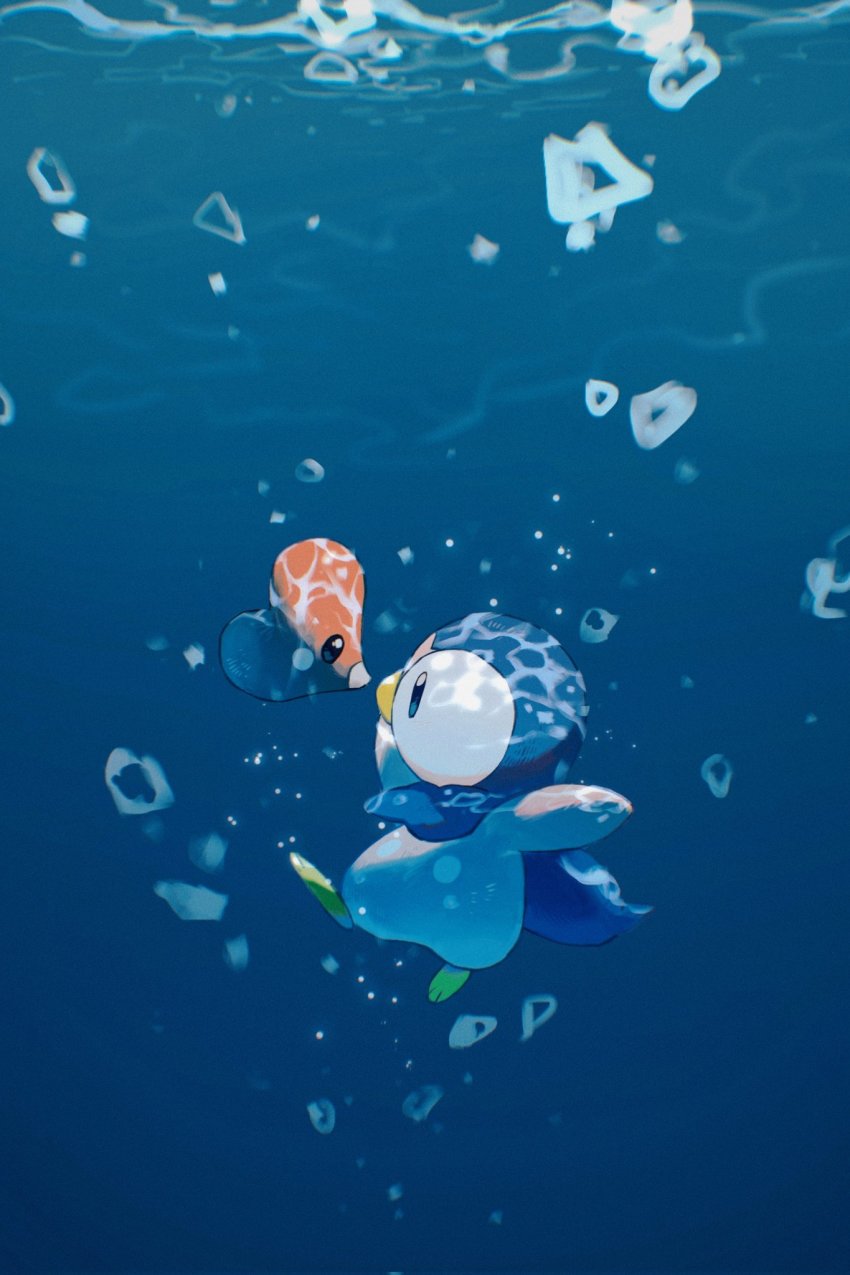 air_bubble, animal_focus, bird, blue_eyes, blurry, bubble, commentary_request, eye_contact