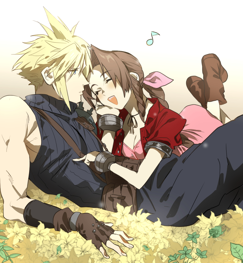1boy, 1girl, aerith_gainsborough, artist_collaboration, belt, blonde_hair, blue_eyes, blue_pants