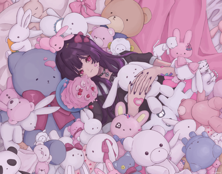 1girl, bandaid, bed, black_hair, cake, collar, crazy, food