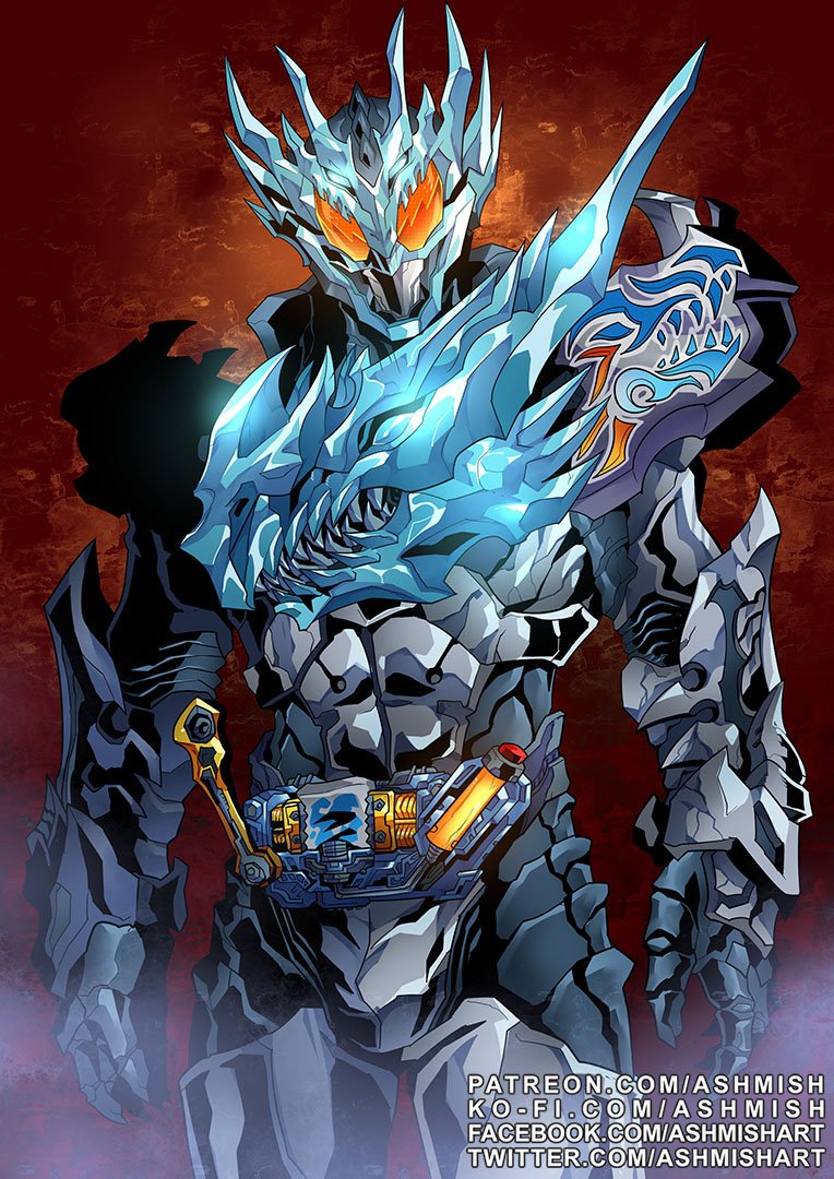 1boy, abs, armor, ashmish, asymmetrical_armor, blue_eyes, blue_fire, commentary, cross-z_charge, dragon, dragon_claw, dragon_sclashjelly, rider_belt, english_commentary, extra_eyes, facebook_username, fire, glowing, glowing_eyes, glowing_mouth, kamen_rider, kamen_rider_build_(series), kamen_rider_cross-z, male_focus, orange_eyes, patreon_username, sclash_driver, sclashjelly, signature, solo, stylistic, untranslatable_commentary, twitter_username, watermark, web_address, wrench