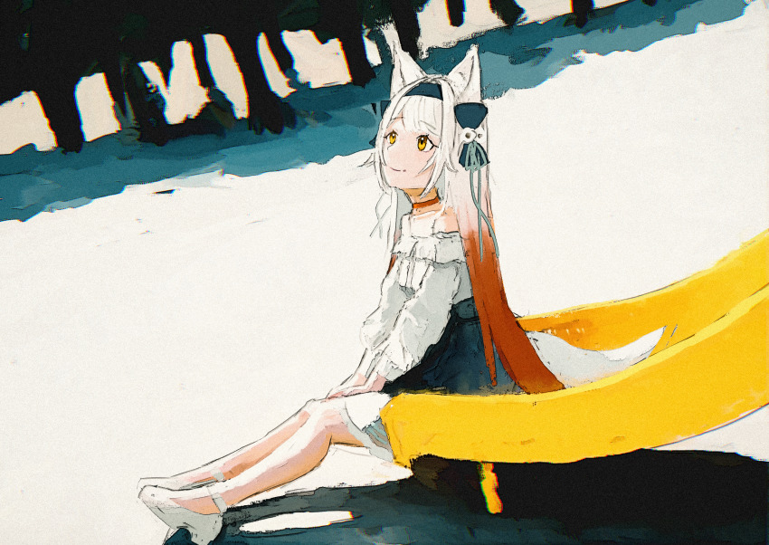 1girl, absurdres, animal_ears, bare_shoulders, black_hairband, black_skirt, choker, closed_mouth