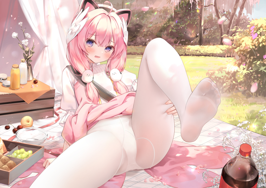 1girl, animal_ears, blush, braid, cat_ears, chen_bin, feet, foot_focus, foreshortening, indie_virtual_youtuber, long_hair, looking_at_viewer, no_shoes, outdoors, panties, panties_under_pantyhose, pantyhose, parted_bangs, pink_hair, purple_eyes, sakurada_hane, soles, solo, thighs, toes, underwear, virtual_youtuber, white_panties, white_pantyhose