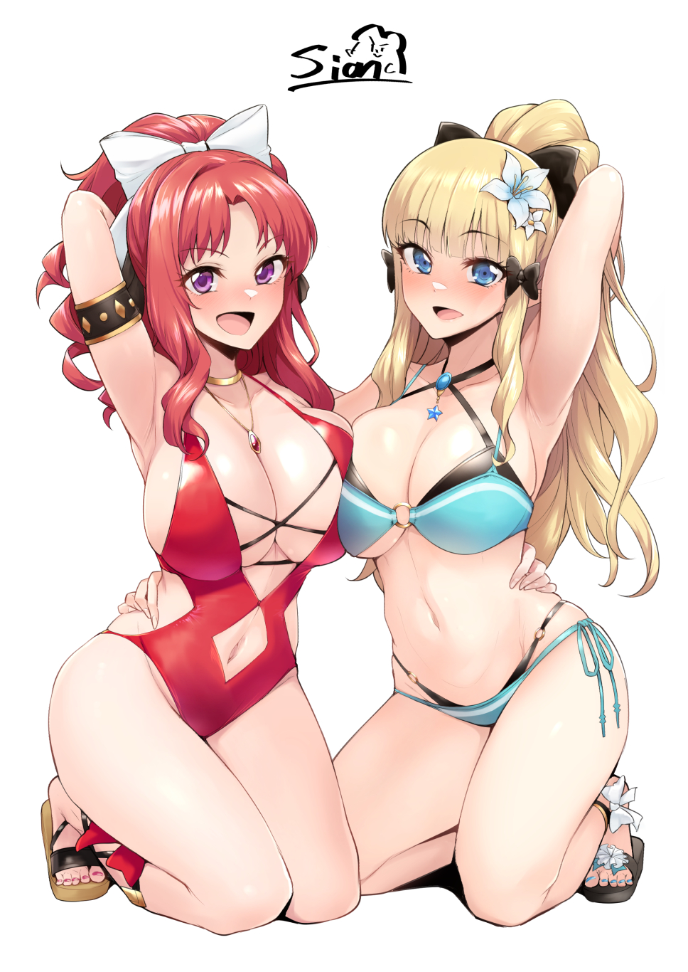 2girls, akino_(princess_connect!), arm_behind_head, arm_up, armlet, armpits, bare_shoulders, bikini, black_bikini, black_bow, blonde_hair, blue_eyes, blush, bow, breasts, brooch, cleavage, clothing_cutout, collarbone, elf, flower, green_bikini, hair_bow, hair_flower, hair_ornament, highleg, highleg_swimsuit, highres, jewelry, kneeling, large_breasts, layered_bikini, long_hair, looking_at_viewer, multicolored_bikini, multiple_girls, nail_polish, navel, navel_cutout, neck_ring, necklace, one-piece_swimsuit, open_mouth, parted_bangs, pointy_ears, ponytail, princess_connect!, purple_eyes, red_hair, red_one-piece_swimsuit, sandals, saren_(princess_connect!), sian, sidelocks, smile, swimsuit, two-tone_bikini, white_bow