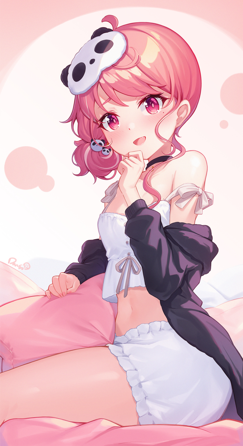 1girl, absurdres, ahoge, bare_shoulders, breasts, choker, crop_top, dango_remi, frills, from_side, hair_bun, hand_to_own_mouth, highres, jacket, looking_at_viewer, mask, mask_on_head, midriff, mole, mole_on_breast, mole_under_eye, navel, nijisanji, open_mouth, pajamas, pink_eyes, pink_hair, sasaki_saku, sasaki_saku_(8th_costume), side_bun, simple_background, single_side_bun, sitting, small_breasts, smile, solo, strap_slip, swept_bangs, thighs, virtual_youtuber