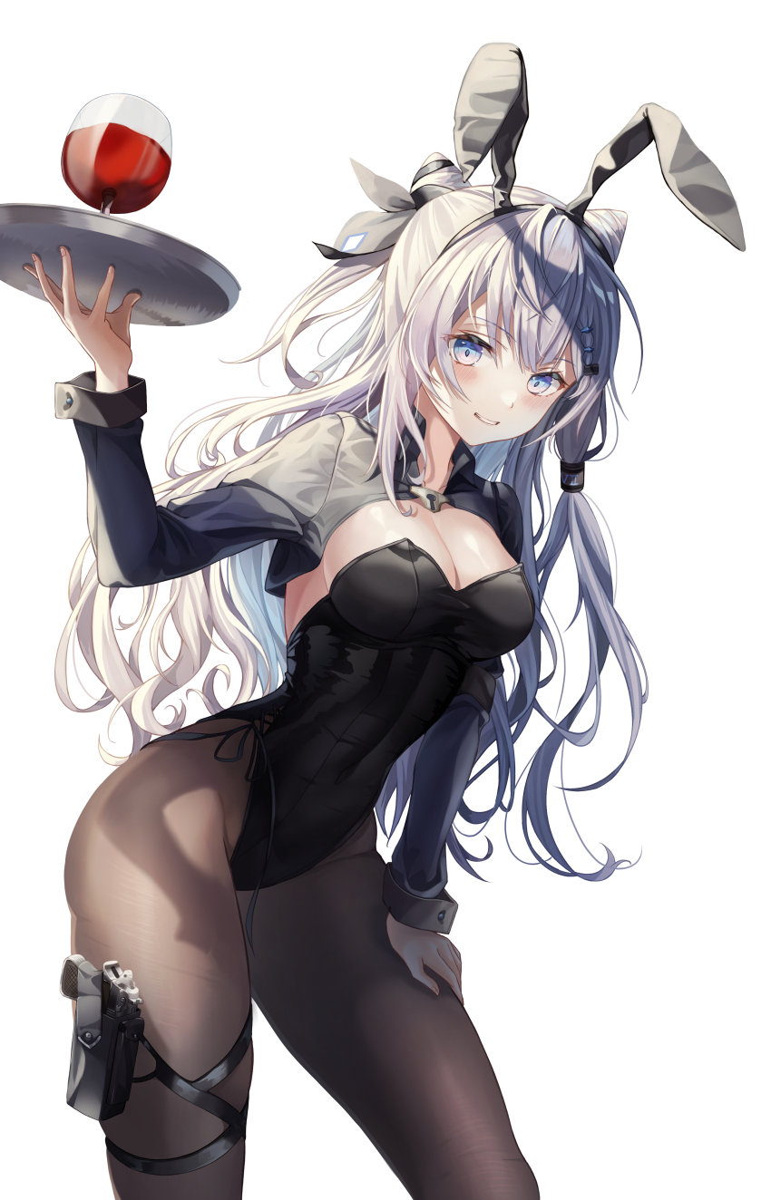 1girl, absurdres, animal_ears, black_leotard, blue_eyes, breasts, brown_pantyhose, cone_hair_bun