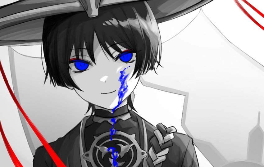 1boy, blue_eyes, eyeliner, genshin_impact, hat, ij_xcm4o, japanese_clothes, jingasa