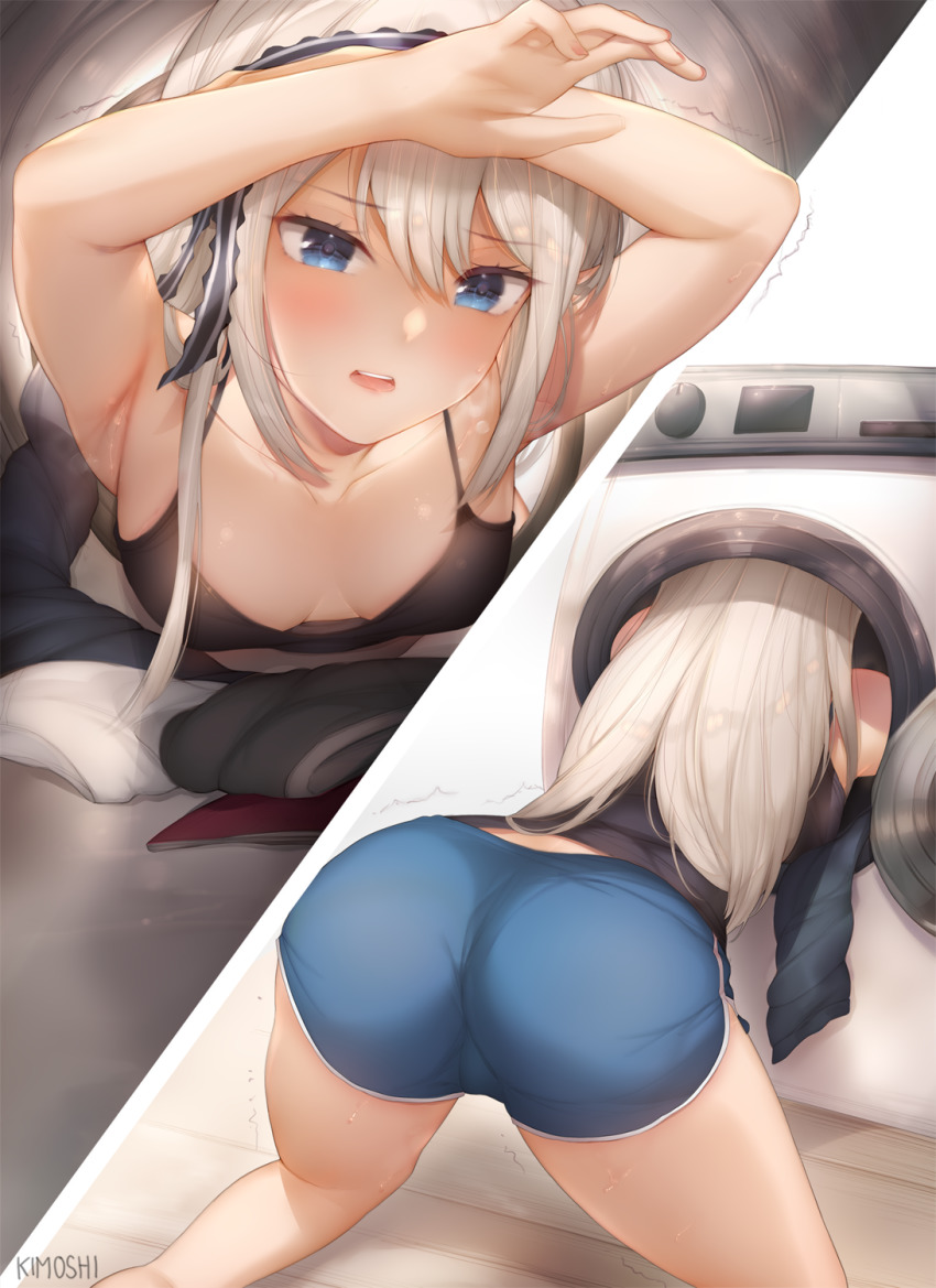 1girl, all_fours, armpits, arms_up, ass, black_shirt, blue_eyes, blue_shorts, blush, breasts, cleavage, commentary, commentary_request, downblouse, female_focus, highres, indoors, kaguya-sama_wa_kokurasetai_~tensai-tachi_no_renai_zunousen~, kimoshi, large_breasts, long_hair, no_bra, parted_lips, shirogane_kei, shirt, short_shorts, shorts, sleeveless, solo, stuck, stuck_in_object, thighs, washing_machine, white_hair