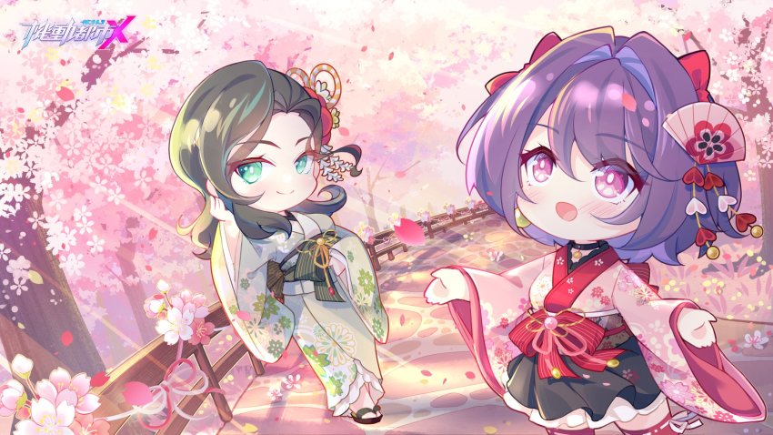 2girls, black_choker, black_hair, black_skirt, cherry_blossoms, chibi, choker, fan_hair_ornament