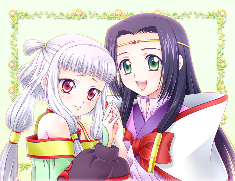2girls, bare_shoulders, black_hair, bow, circlet, code_geass, green_eyes, hiyori_(nyatto)