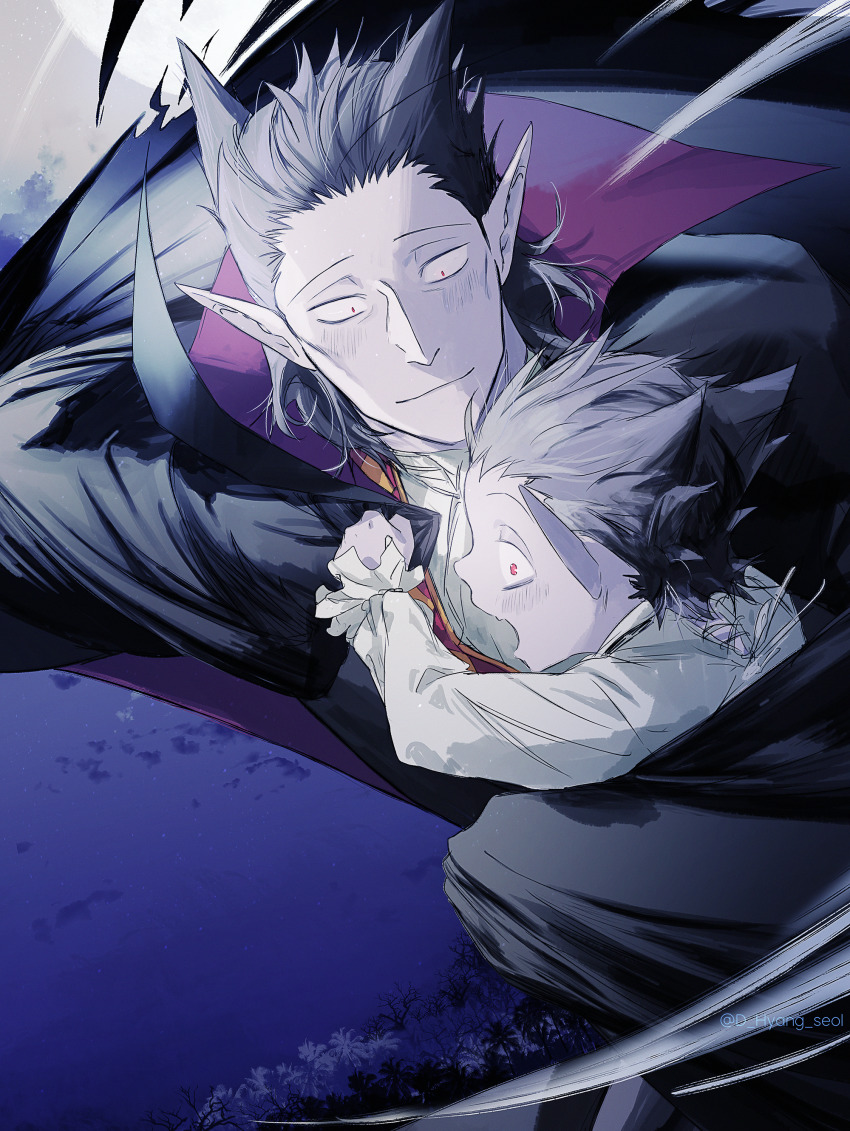 2boys, absurdres, aged_down, artist_name, black_hair, cape, child, colored_skin