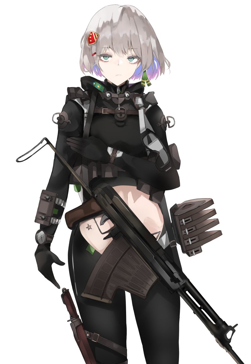 1girl, abs, absurdres, aps_rifle, assault_rifle, blue_eyes, center_opening, commentary_request, fte_(fifteen_199), girls'_frontline, gloves, grey_hair, gun, highres, knife, knife_sheath, original, rifle, sheath, solo, star_(symbol), star_tattoo, tactical_clothes, tattoo, watch, weapon, wristwatch