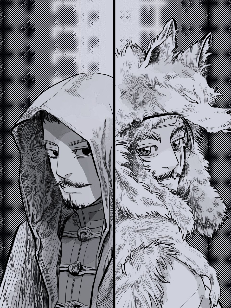 2boys, black_eyes, facial_hair, fur, golden_kamuy, greyscale, highres, hood