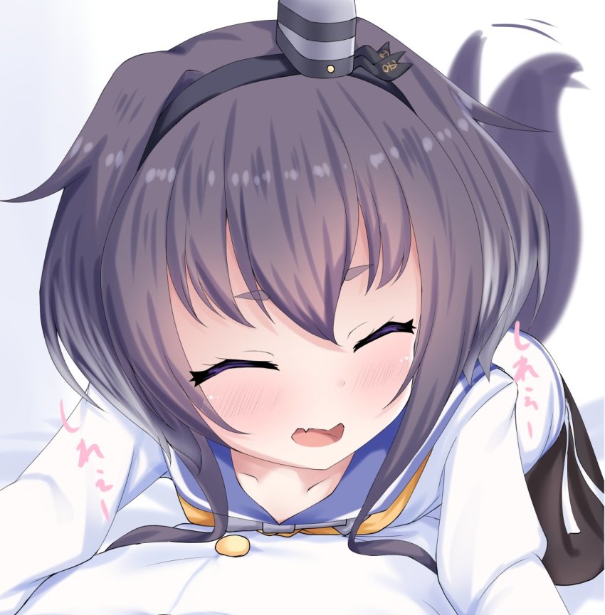 1girl, admiral_(kancolle), black_hair, black_pantyhose, blue_sailor_collar, blush, closed_eyes, dog_tail, grey_hair, hat, headgear, highres, kantai_collection, long_sleeves, military, military_uniform, mini_hat, nakatsurugi_(kasegawa_makase), naval_uniform, on_person, open_mouth, pantyhose, sailor_collar, shirt, short_hair, short_hair_with_long_locks, simple_background, smile, tail, tied_shirt, tokitsukaze_(kancolle), white_background