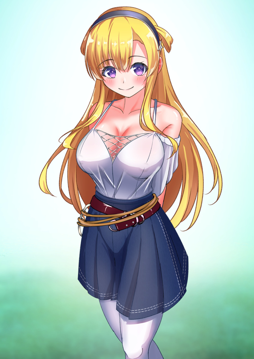 1girl, absurdres, arms_behind_back, bare_shoulders, belt, blonde_hair, blue_skirt, breasts
