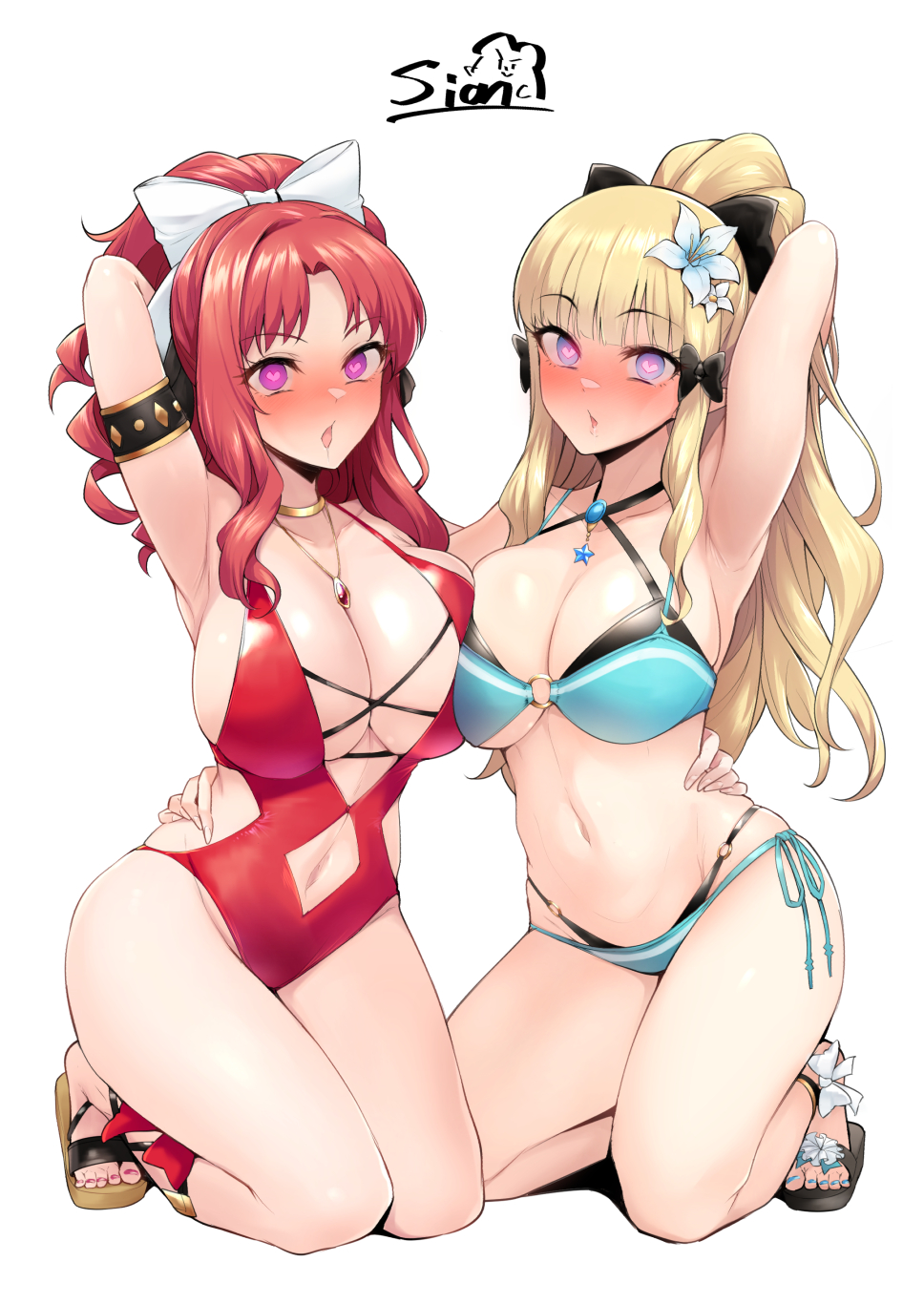 2girls, akino_(princess_connect!), arm_behind_head, arm_up, armlet, armpits, bare_shoulders, bikini, black_bikini, black_bow, blonde_hair, blue_eyes, blush, bow, breasts, brooch, cleavage, clothing_cutout, collarbone, elf, flower, green_bikini, hair_bow, hair_flower, hair_ornament, heart, heart-shaped_pupils, highleg, highleg_swimsuit, highres, jewelry, kneeling, large_breasts, layered_bikini, long_hair, looking_at_viewer, multicolored_bikini, multiple_girls, navel, navel_cutout, neck_ring, necklace, one-piece_swimsuit, open_mouth, parted_bangs, pointy_ears, ponytail, princess_connect!, purple_eyes, red_hair, red_one-piece_swimsuit, sandals, saren_(princess_connect!), sian, sidelocks, swimsuit, symbol-shaped_pupils, two-tone_bikini, white_bow