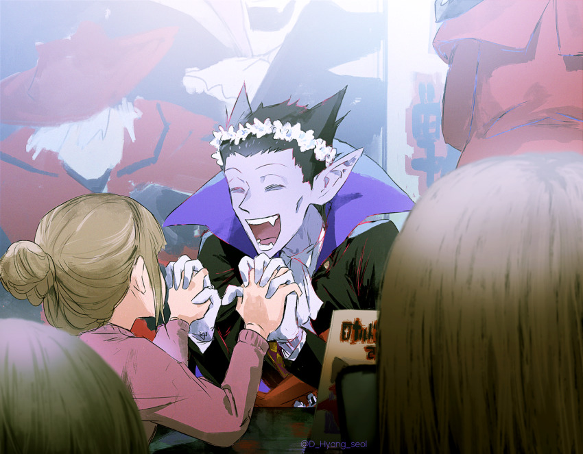 2boys, artist_name, ascot, cape, draluc_(kyuuketsuki_sugu_shinu), closed_eyes, faceless, faceless_female