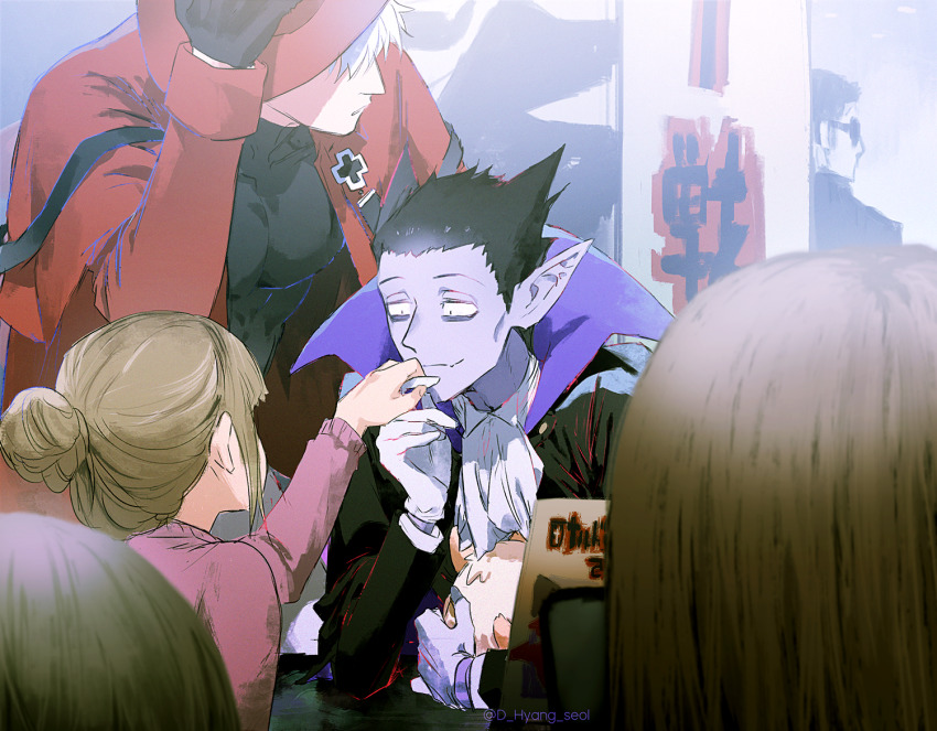 3boys, 3girls, armadillo, artist_name, ascot, black_gloves, brown_hair, cape