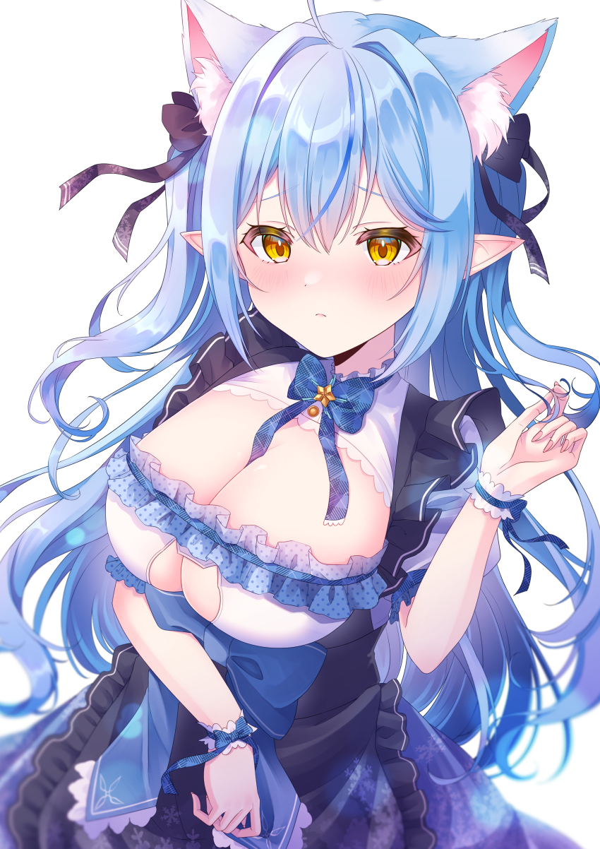 1girl, absurdres, ahoge, animal_ears, blue_hair, blush, breasts, cleavage, dress, frilled_dress, frills, highres, hololive, large_breasts, long_hair, looking_at_viewer, neck_ribbon, pointy_ears, poyu_(soyokaze1160), ribbon, solo, very_long_hair, virtual_youtuber, yellow_eyes, yukihana_lamy