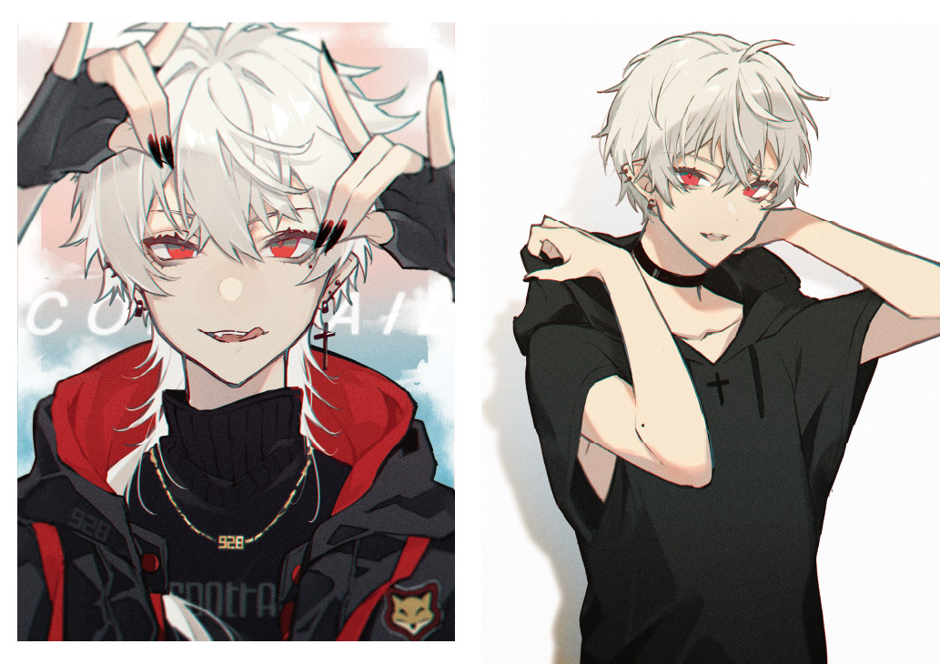 1boy, :d, \m/, arms_up, black_choker, black_gloves, black_hoodie, black_jacket, black_nails, black_sweater, choker, collarbone, cross, double_\m/, drawstring, ear_piercing, earrings, eyebrows_hidden_by_hair, fang, fingerless_gloves, fujikiri_yana, gloves, grey_hair, hair_between_eyes, hood, hood_down, hooded_jacket, hoodie, jacket, jewelry, kuzuha_(10th_costume)_(nijisanji), kuzuha_(nijisanji), latin_cross, licking_lips, male_focus, multiple_views, nail_polish, nijisanji, open_clothes, open_jacket, open_mouth, parted_lips, piercing, pointy_ears, red_eyes, short_sleeves, smile, sweater, tongue, tongue_out, turtleneck, turtleneck_sweater, virtual_youtuber, wide_sleeves