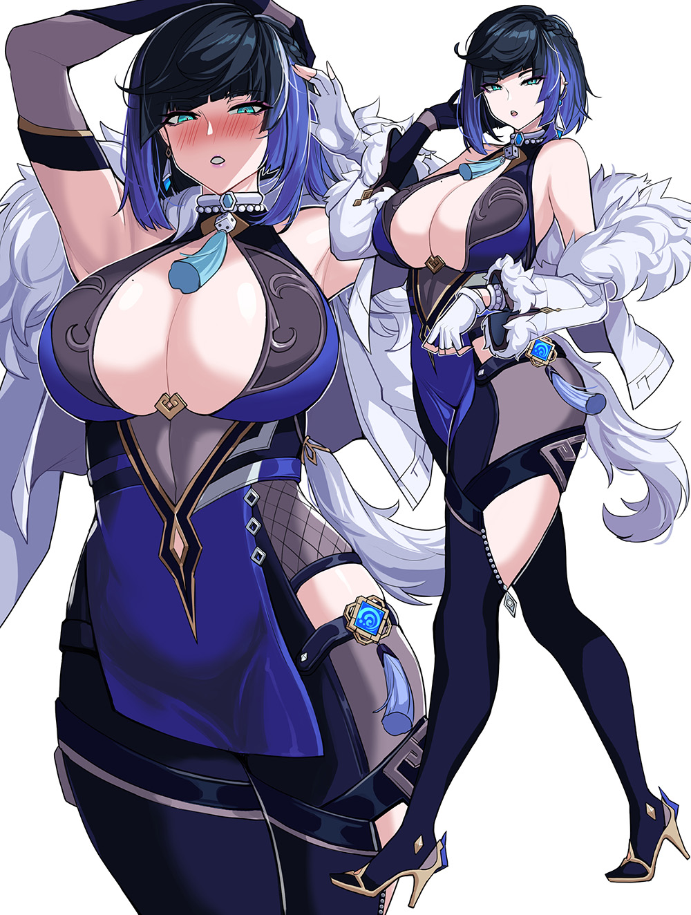 1girl, armpits, arms_up, black_gloves, black_pantyhose, black_thighhighs, blue_dress, blue_hair