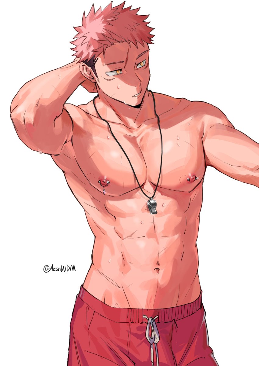 1boy, abs, arm_behind_head, armpits, bara, brown_eyes, drawstring, facial_mark