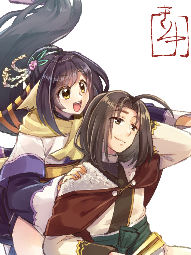 1boy, 1girl, absurdly_long_hair, ahoge, ainu_clothes, animal_ears, aquaplus, arm_up