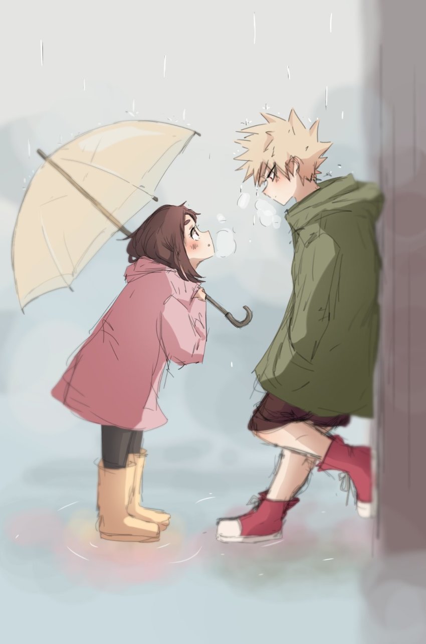 1boy, 1girl, against_wall, bakugou_katsuki, blonde_hair, boku_no_hero_academia, boots, brown_eyes
